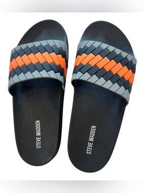 Steve Madden Black Slides with Orange and Gray Woven Strap NWOT